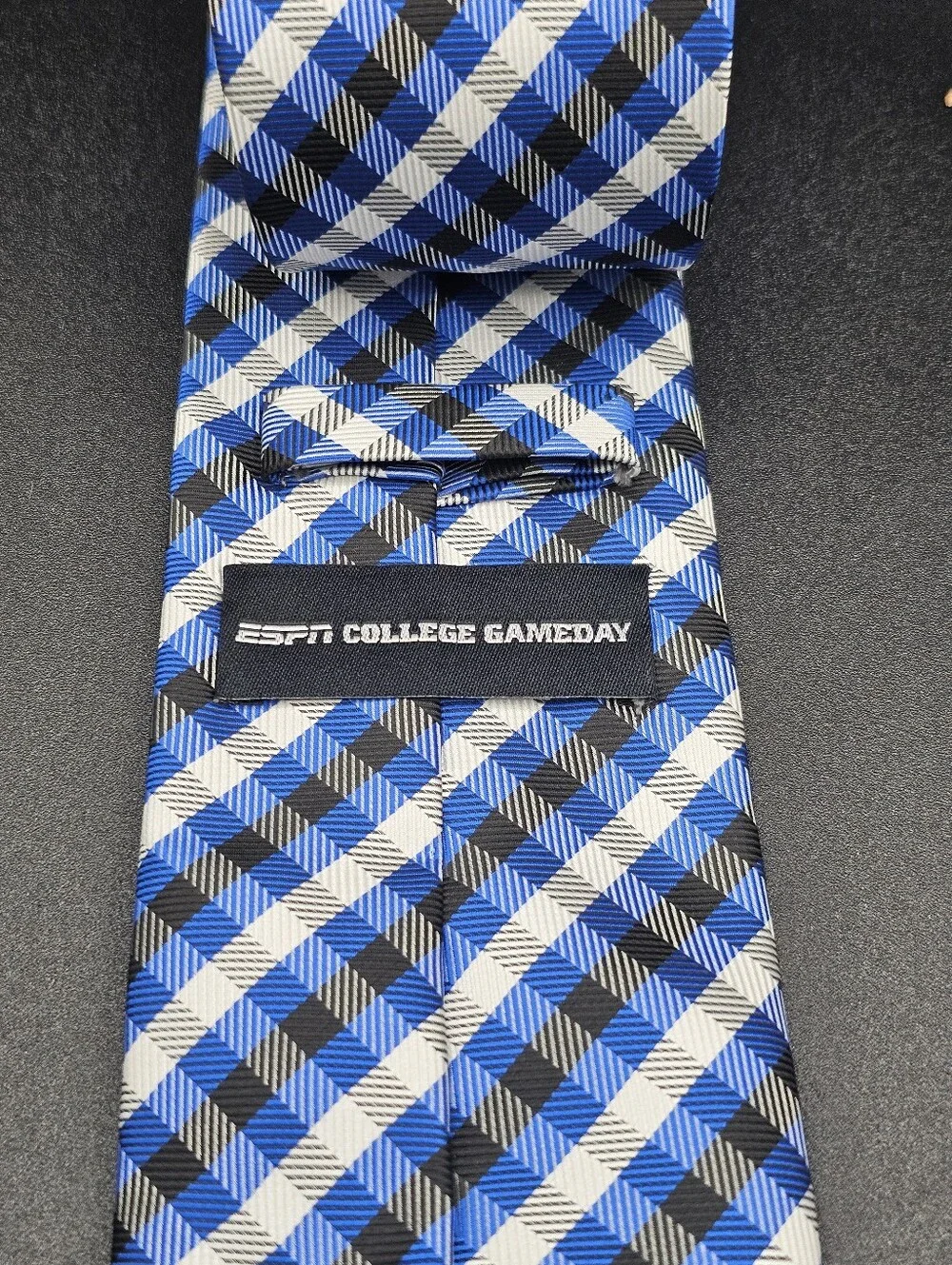 ESPN College GameDay Men's Blue White Black Plaid Check Microfiber Necktie